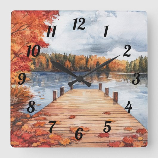 Fall Autumn Nature Lake Trees Landscape Painting Quadratische Wanduhr (Vorderseite)
