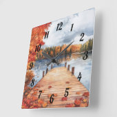 Fall Autumn Nature Lake Trees Landscape Painting Quadratische Wanduhr (Winkel)