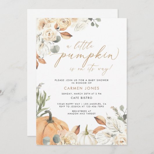 Fall Baby Dusche Einladung, ein kleines Kürbissini Einladung (Vorne/Hinten)