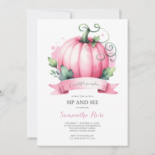 Fall Baby Dusche Kleine Pumpkin Sip und sehen Einladung (Vorderseite)