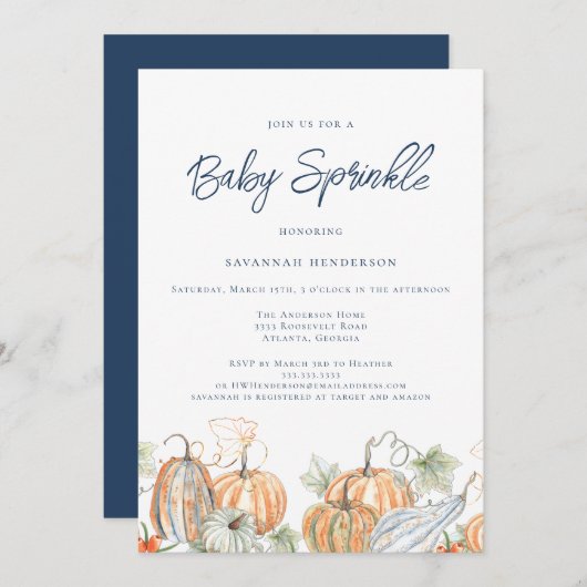 Fall Baby Dusche Sprinkle Pumpkin Blue Einladung (Vorne/Hinten)
