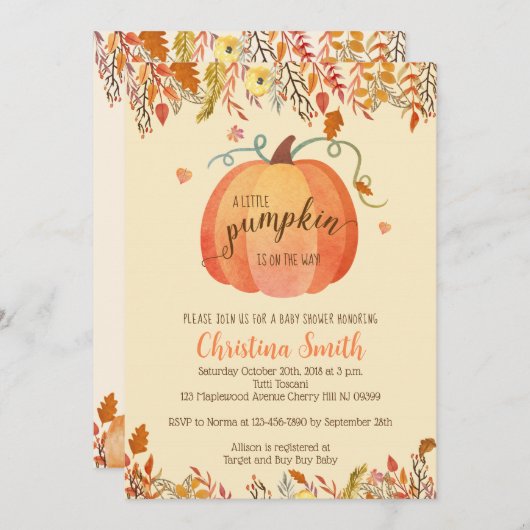 Fall Baby Duwer Einladungen - ein wenig Pumpkin (Vorne/Hinten)