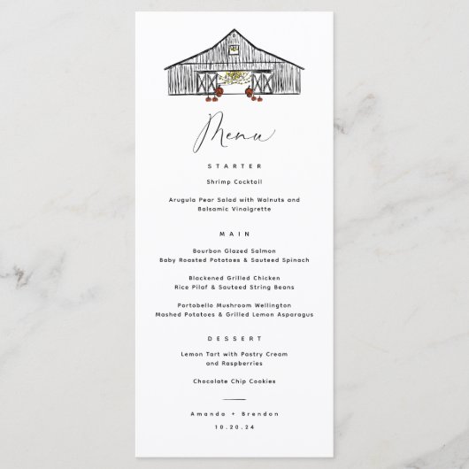 Fall Barn mit Pumpkins Hochzeitsmenü Menükarte (Vorderseite)