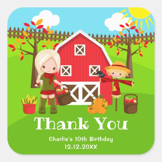 Fall Barnyard Birthday Blonde Hair Girl Vielen Dan Quadratischer Aufkleber (Vorderseite)