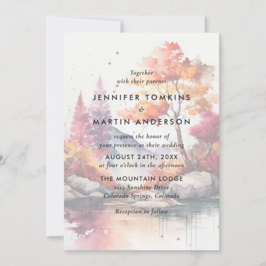 Fall Bergsee Bäume Wasserfarbenprächtige Hochzeit Einladung (Vorderseite)