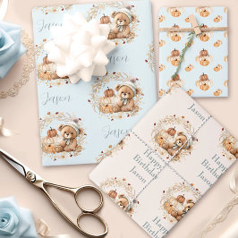 Fall Birthday Boy Niedlich Bären Pumpkins Blue Bei Geschenkpapier Set