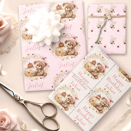 Fall Birthday Girl Niedlich Bären Wildblumen Pumpk Geschenkpapier Set