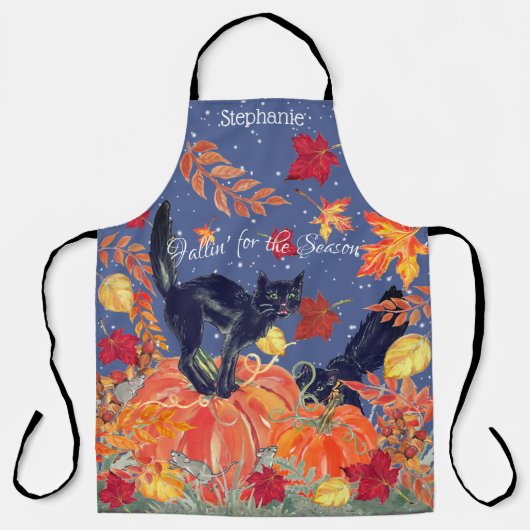 Fall Black Cat Blätter Pumpkin Custom Halloween Schürze (Vorderseite)