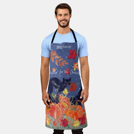 Fall Black Cat Blätter Pumpkin Custom Halloween Schürze (Getragen)