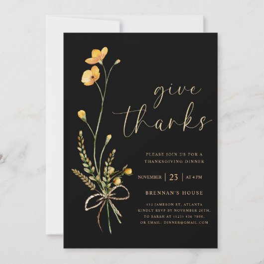 Fall Black Floral Erntedank Dinner Einladung (Vorderseite)
