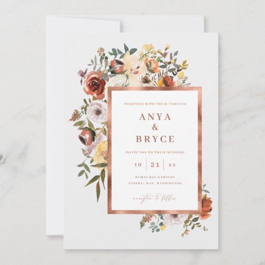 Fall Blooms Rose Foil Wedding Invitation Card A200 Einladung (Vorderseite)