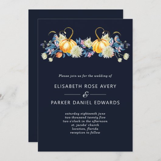 Fall Blue Floral Pumpkin Hochzeit Einladung (Vorne/Hinten)
