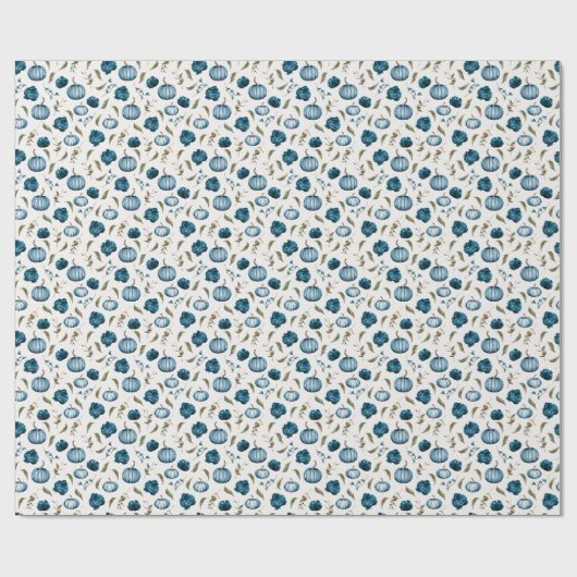 Fall Blue Floral Pumpkin Muster Geschenkpapier (Flach)