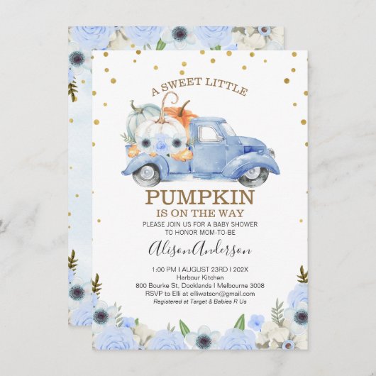 Fall Blue Floral Pumpkin Truck Baby Dusche Einladung (Vorne/Hinten)