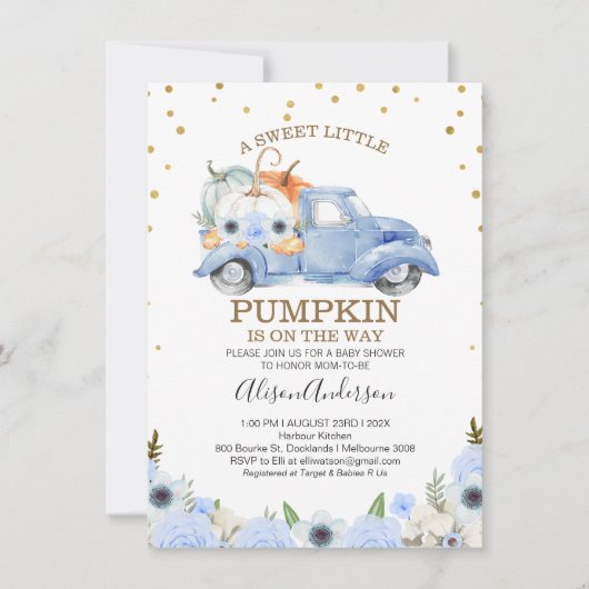 Fall Blue Floral Pumpkin Truck Baby Dusche Einladung (Vorderseite)