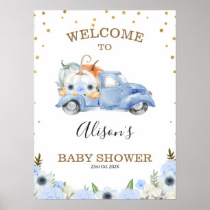 Fall Blue Floral Pumpkin Truck Baby Dusche Willkom Poster