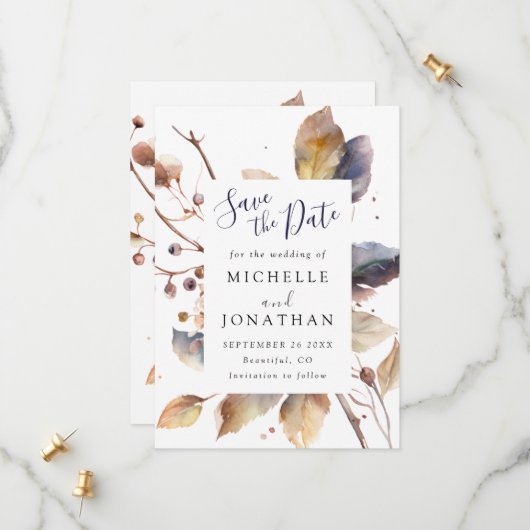 Fall Blue Gold Blätter Wasserfarbe Christliche Hoc Save The Date (Vorderseite/Rückseite Beispiel)