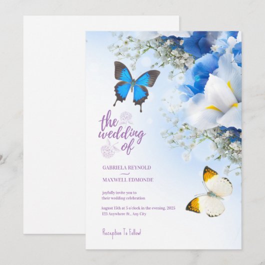 Fall Blue Nature Butterfly Hydrangea Wedding Einladung (Vorne/Hinten)