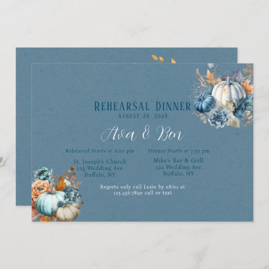 Fall Blue Orange Pumpkin Peony Probe Dinner Einladung (Vorne/Hinten)
