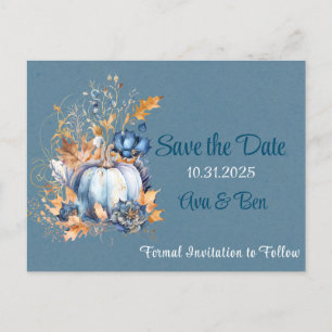 Fall Blue Orange Pumpkin Peony Save the Date Postkarte