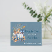 Fall Blue Orange Pumpkin Peony Save the Date Postkarte (Stehend Vorderseite)