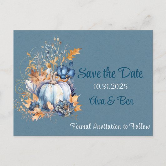 Fall Blue Orange Pumpkin Peony Save the Date Postkarte (Vorderseite)