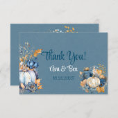 Fall Blue Orange Pumpkin Peony Wedding Dankeskarte (Vorne/Hinten)