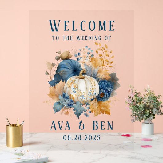 Fall Blue Orange Pumpkin Wedding Welcome Sign Acrylschild (Hochzeit)