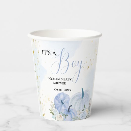 Fall Blue Pumpkin Floral Boy Baby Dusche Pappbecher (Vorderseite)