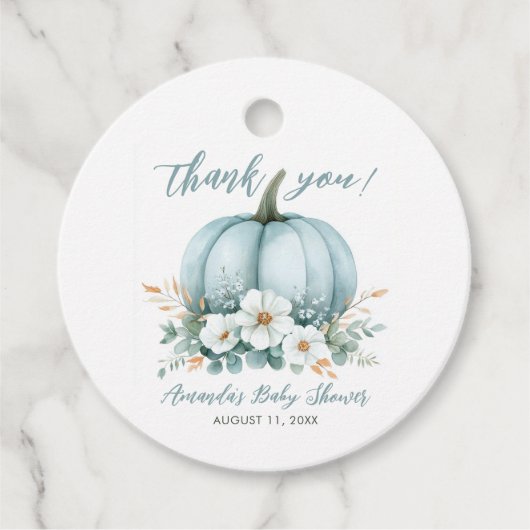 Fall Blue Pumpkin Floral Eucalyptus Baby Dusche Geschenkanhänger (Vorderseite)