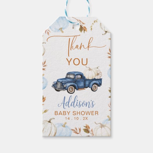 Fall Blue Pumpkin Truck Baby Shoft Tag Geschenkanhänger (Vorderseite)