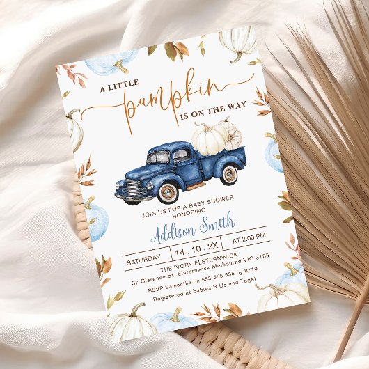 Fall Blue Pumpkin Truck Little Pumpkin Baby Dusche Einladung