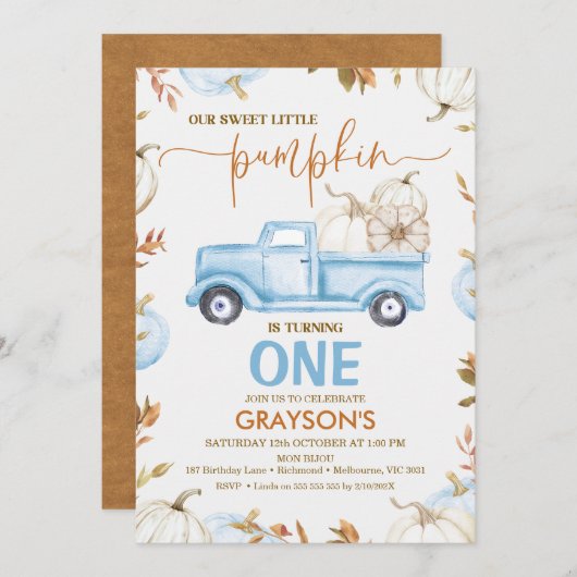 Fall Blue Pumpkin Truck Little Pumpkin Birthday Einladung (Vorne/Hinten)