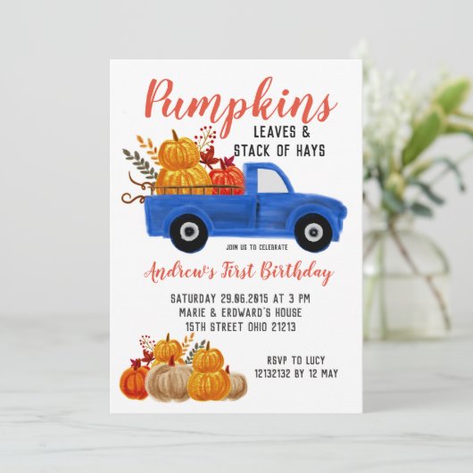 Fall Blue Truck Pumpkin Birthday Einladung (Stehend Vorderseite)