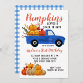 Fall Blue Truck Pumpkin Birthday Einladung (Vorne/Hinten)