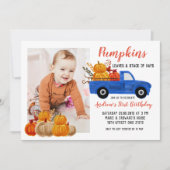 Fall Blue Truck Pumpkin Geburtstag mit Foto Einladung (Vorderseite)