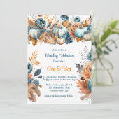 Fall Blue und Orange Pumpkin Peony Wedding Einladung (Stehend Vorderseite)