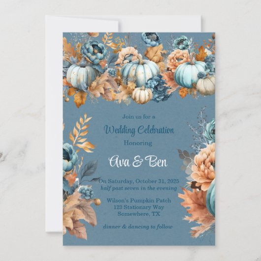 Fall Blue und Orange Pumpkin Peony Wedding Einladung (Vorderseite)