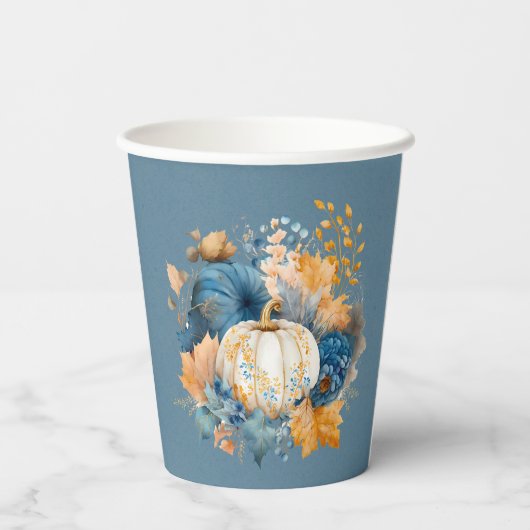 Fall Blue und Orange Pumpkin Peony Wedding Pappbecher (Rückseite)