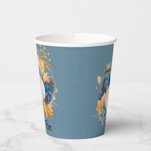 Fall Blue und Orange Pumpkin Peony Wedding Pappbecher (Links)