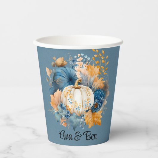 Fall Blue und Orange Pumpkin Peony Wedding Pappbecher (Vorderseite)