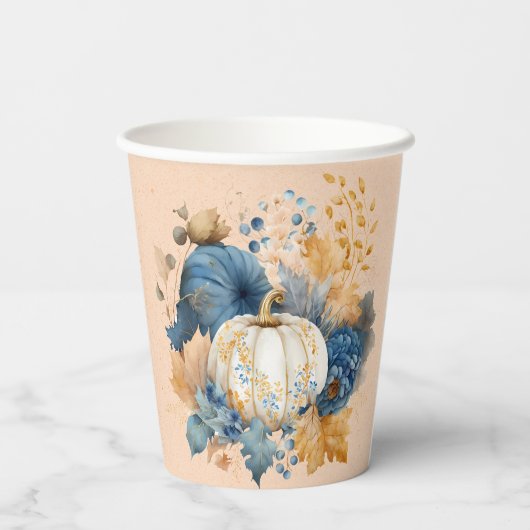 Fall Blue und Orange Pumpkin Peony Wedding Pappbecher (Rückseite)