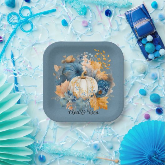 Fall Blue und Orange Pumpkin Peony Wedding Pappteller (Party)