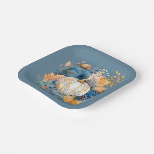 Fall Blue und Orange Pumpkin Peony Wedding Pappteller (Gewinkelt)