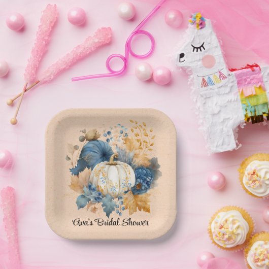 Fall Blue und Orange Pumpkin Peony Wedding Pappteller (Party)