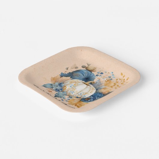 Fall Blue und Orange Pumpkin Peony Wedding Pappteller (Gewinkelt)