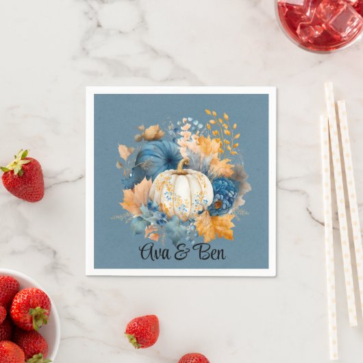 Fall Blue und Orange Pumpkin Peony Wedding Serviette (Beispiel)
