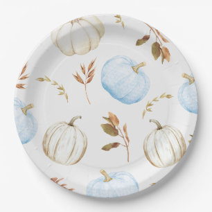 Fall Blue White Pumpkins Baby Dusche Pappteller