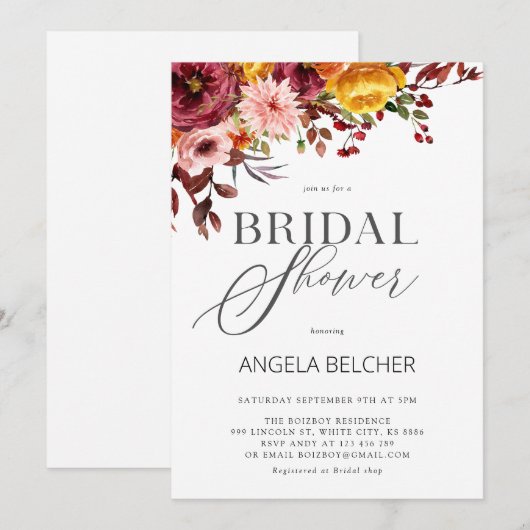 Fall Blume Brautdusche Einladung (Vorne/Hinten)