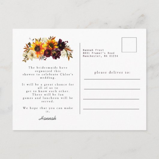 Fall Blume Brautdusche Einladung Postkarte (Rückseite)